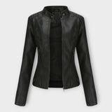 Eleganten usnjeni plašč s sodobnimi linijami in brezčasno estetiko