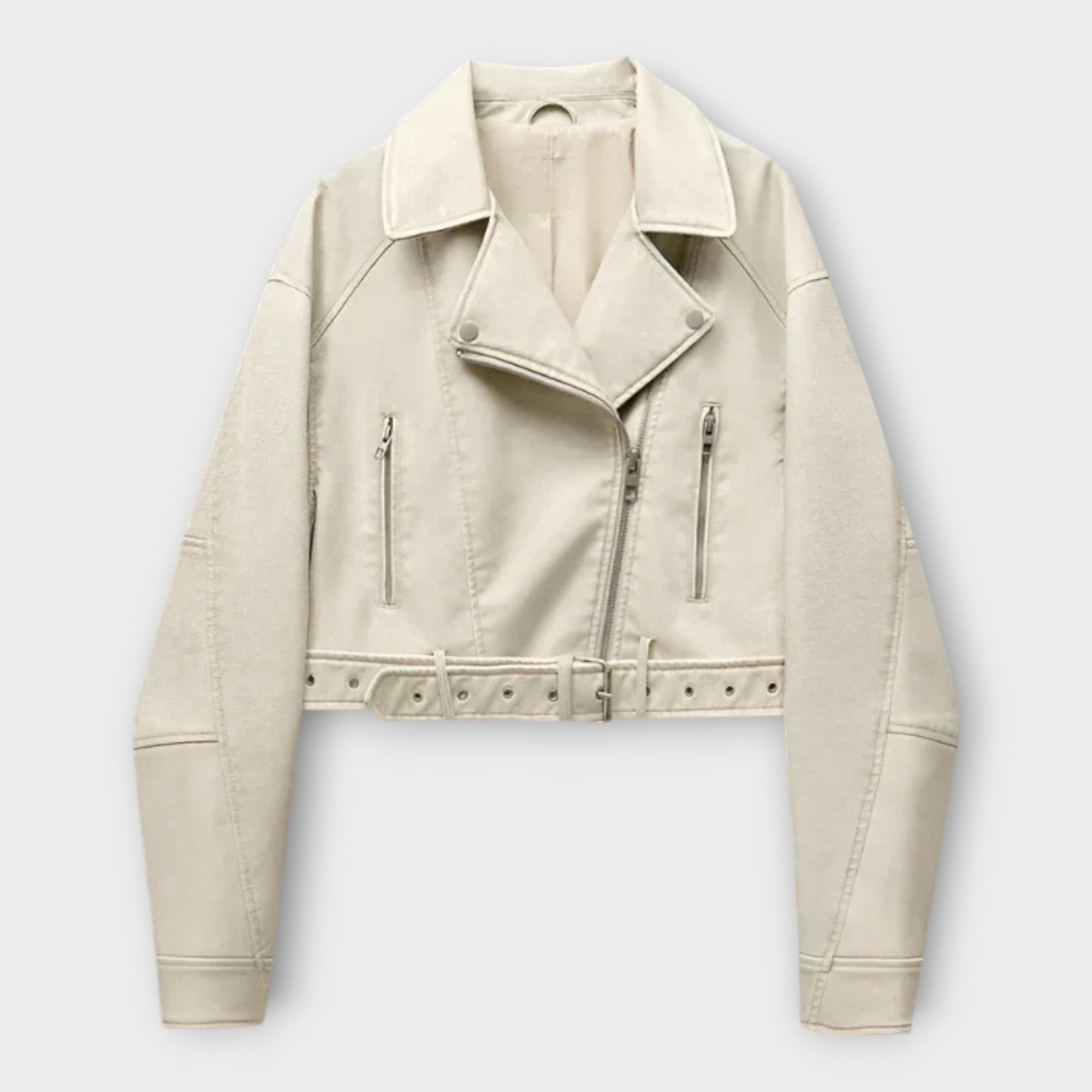 Moderna kratka usnjena jakna z pasom in sofisticirano estetiko